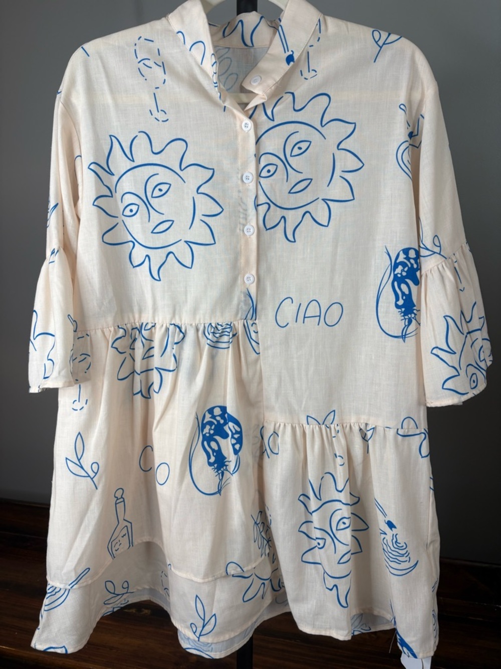 Cream Button-Front Tunic Dress with Blue Sun Print - Picture 2 of 6
